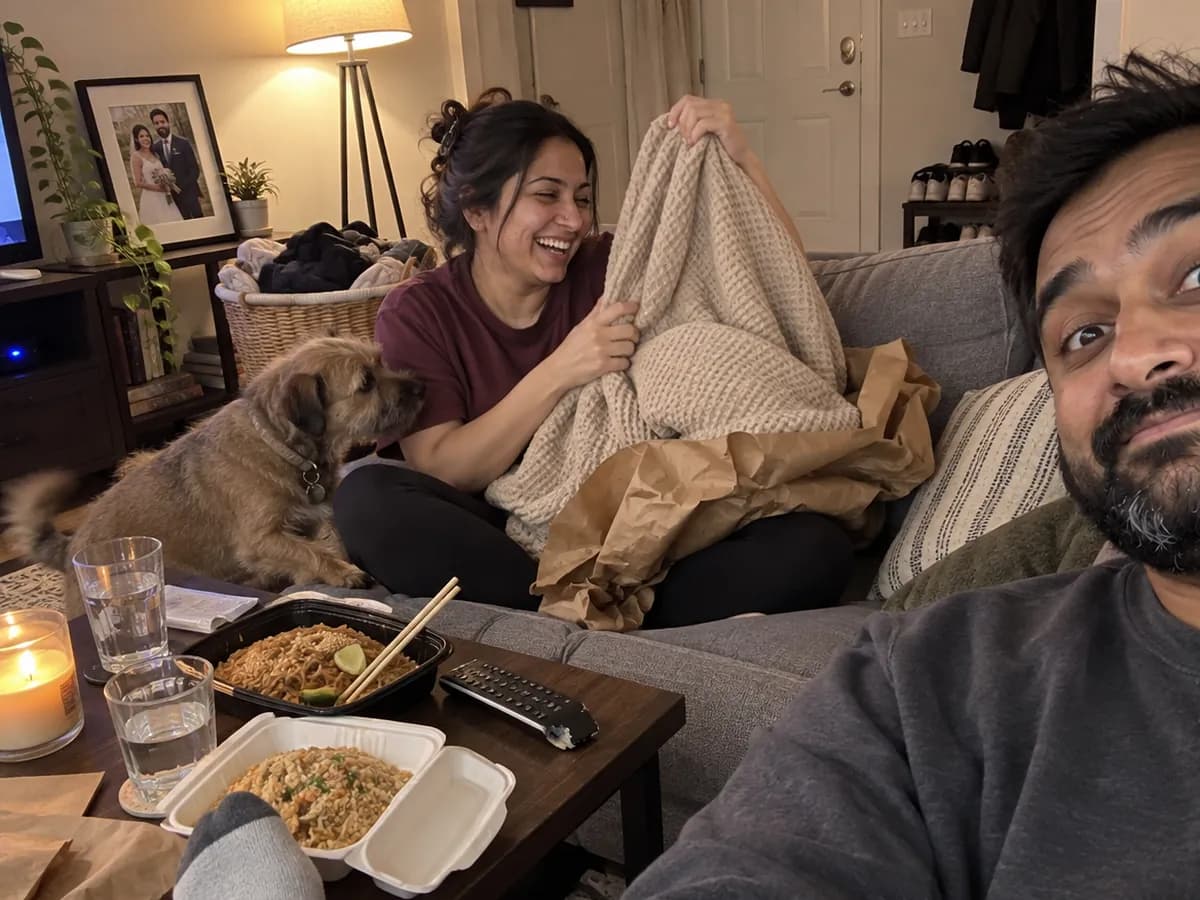 A woman laughing on the couch as she unwraps a cotton throw from brown paper, their dog climbing in, takeout on the table and her husband grinning in the corner