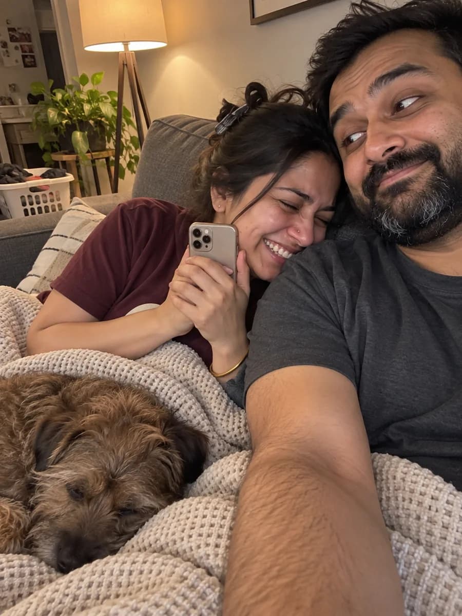 A woman under a new cotton throw laughing with happy tears against her husband's shoulder as a song about their year plays on her phone, their dog asleep on their legs