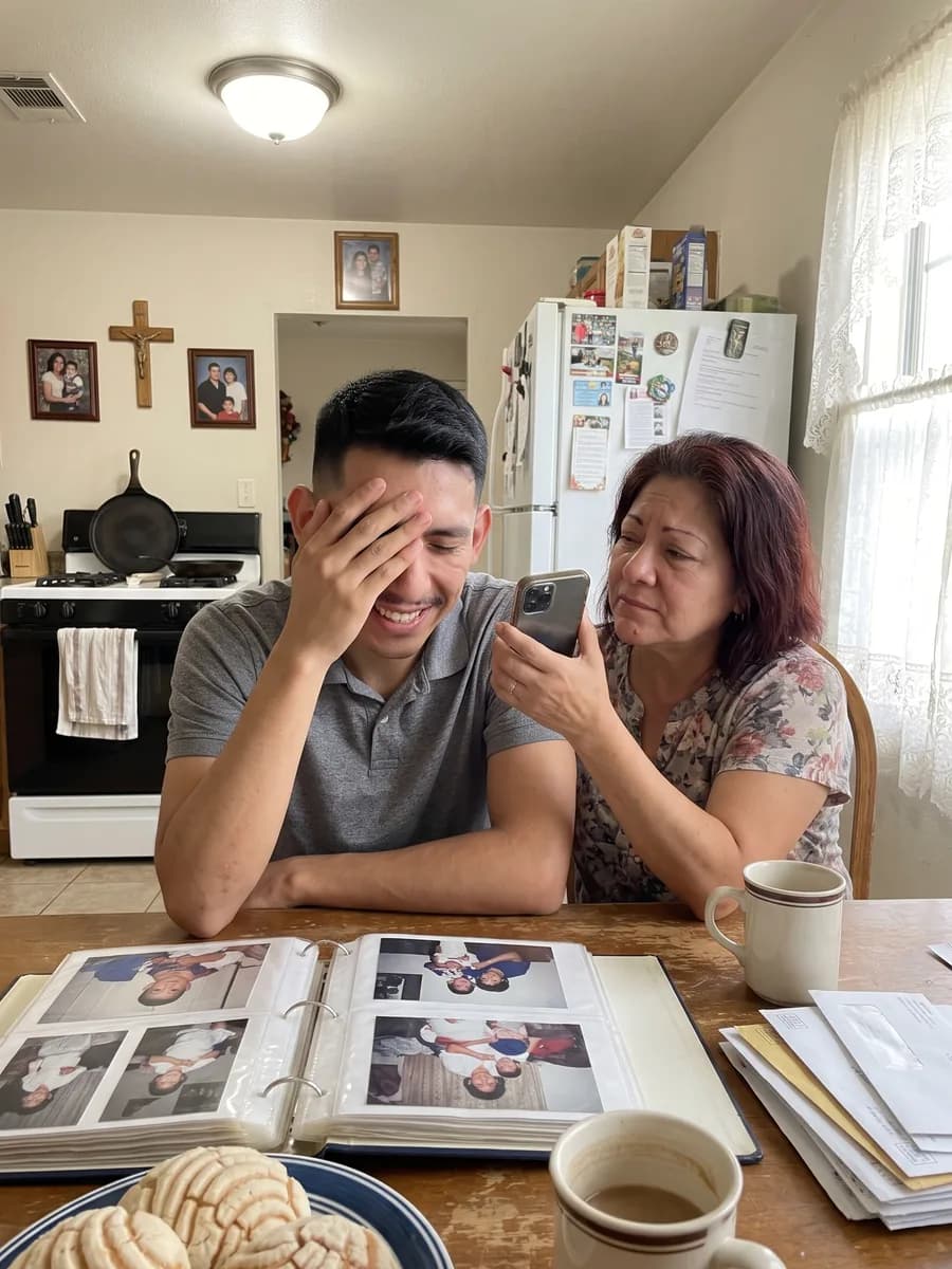 A young man at his mother's kitchen table, hand over his eyes and grinning through tears, as she holds up her phone to play him a song, his baby album open in front of them