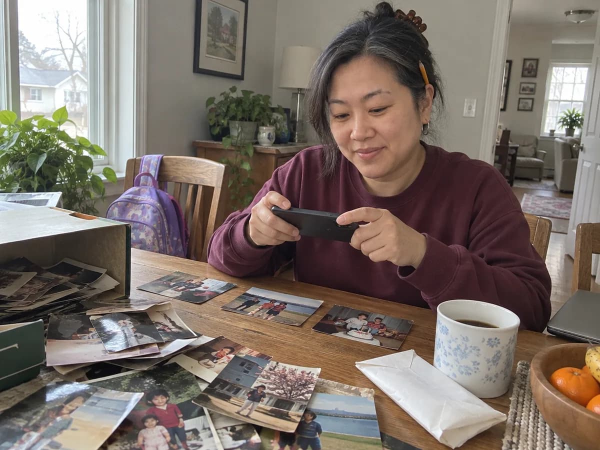A woman at her dining table photographing old family prints flat in window daylight with her phone, a shoebox of faded snapshots spilled beside her