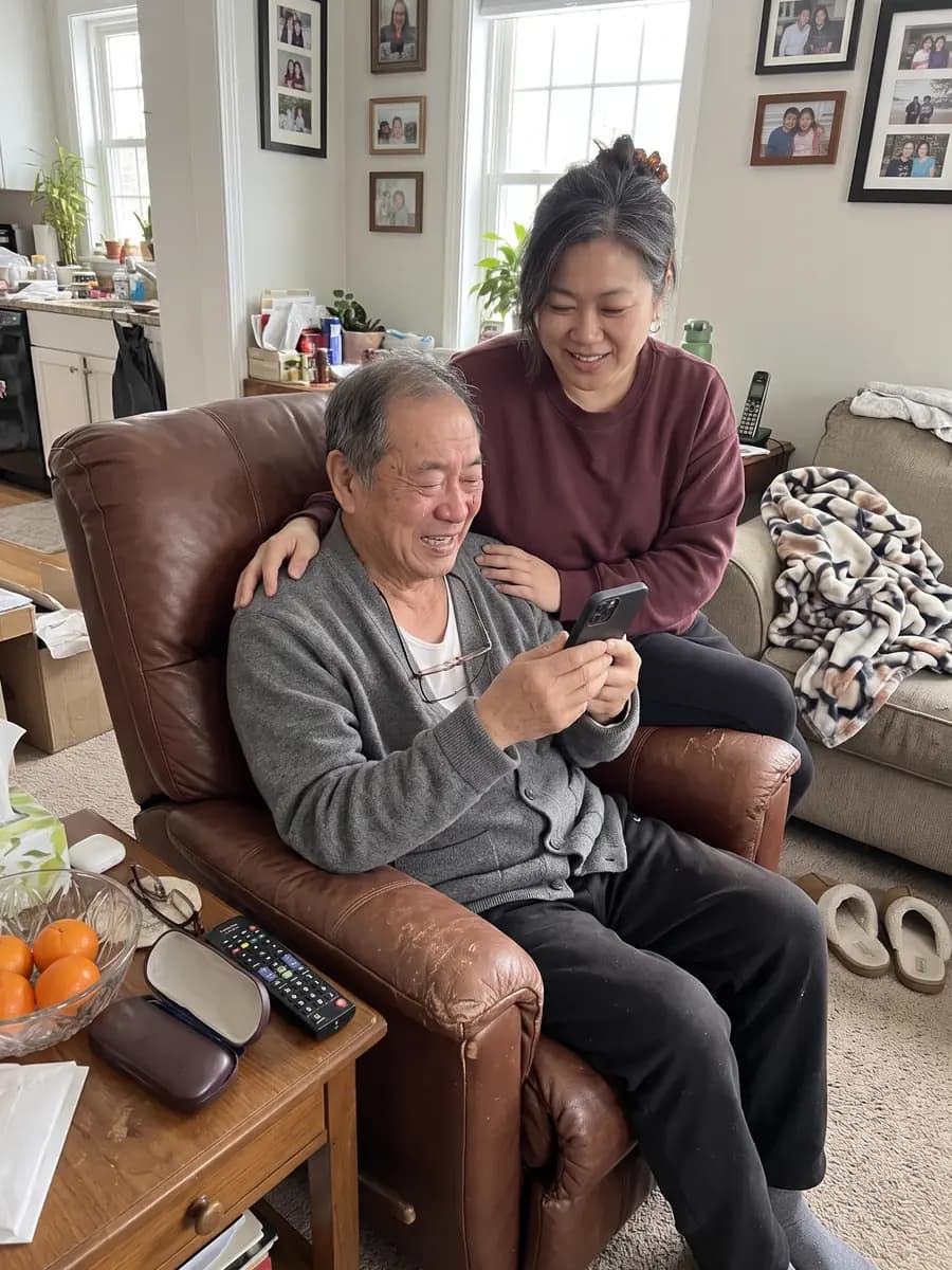An older man in his recliner laughing as he turns the pages of a digital photo album on his daughter's phone, her hand on his shoulder