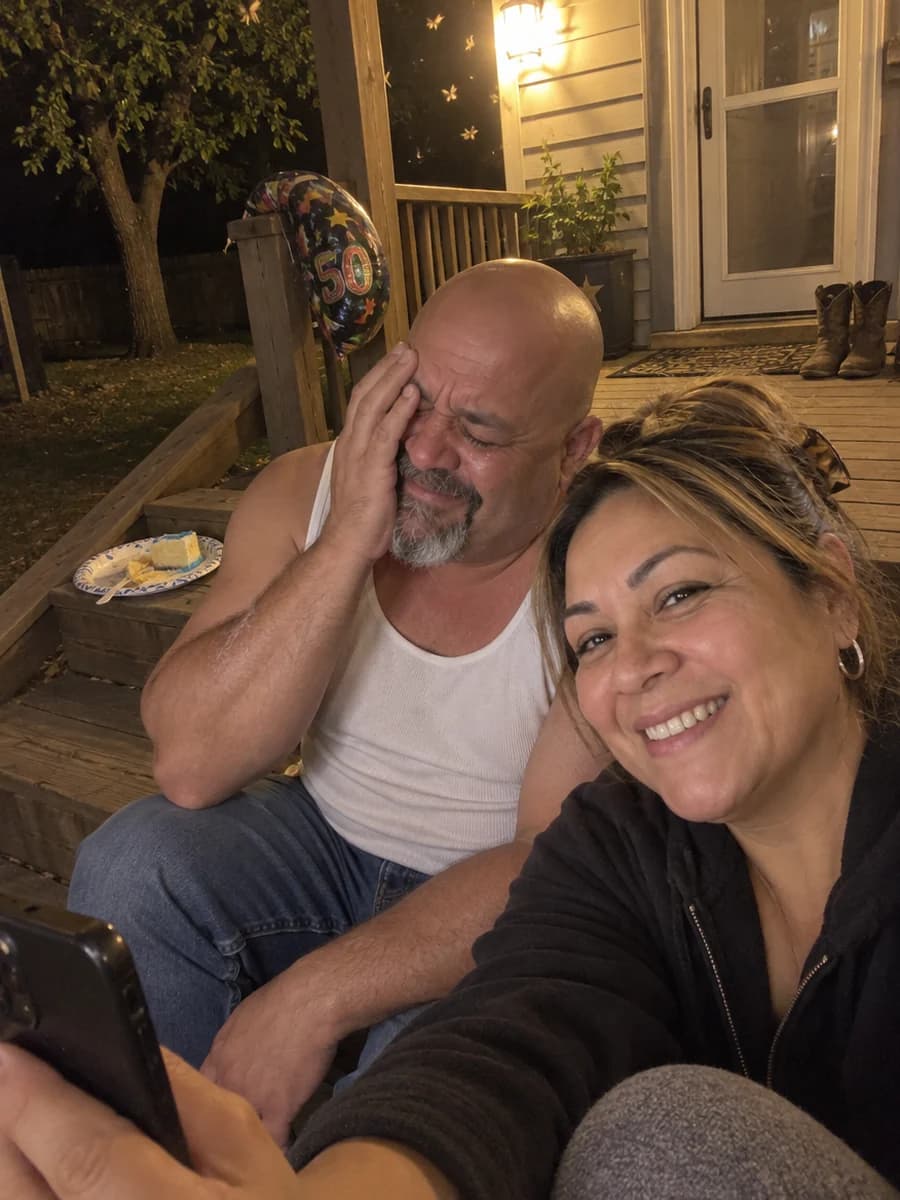 A man on his back porch steps at night pressing his hand to his eye, laughing and crying at a song on his wife's phone, a 50 balloon behind him