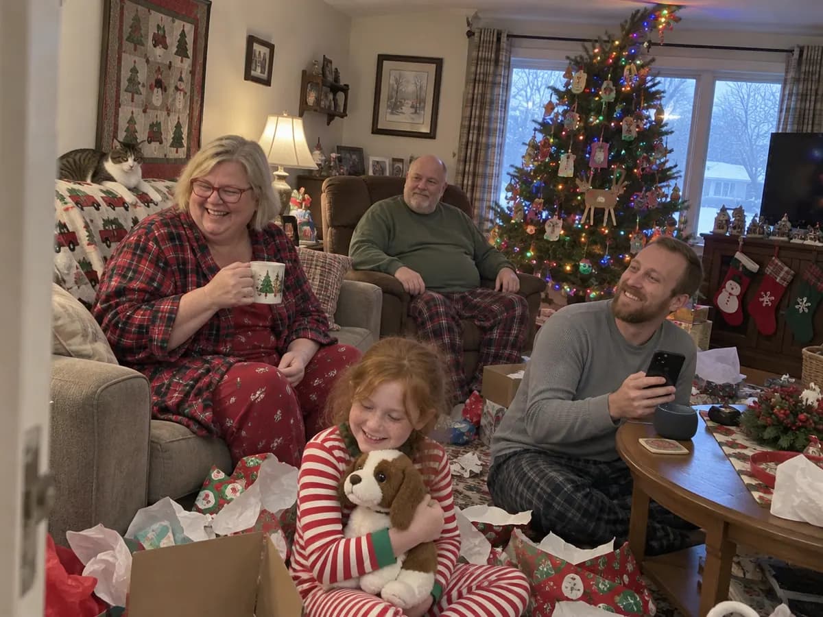 Christmas morning in pajamas: a son plays a song from a small speaker for his mother on the couch while the family and a granddaughter in wrapping paper watch