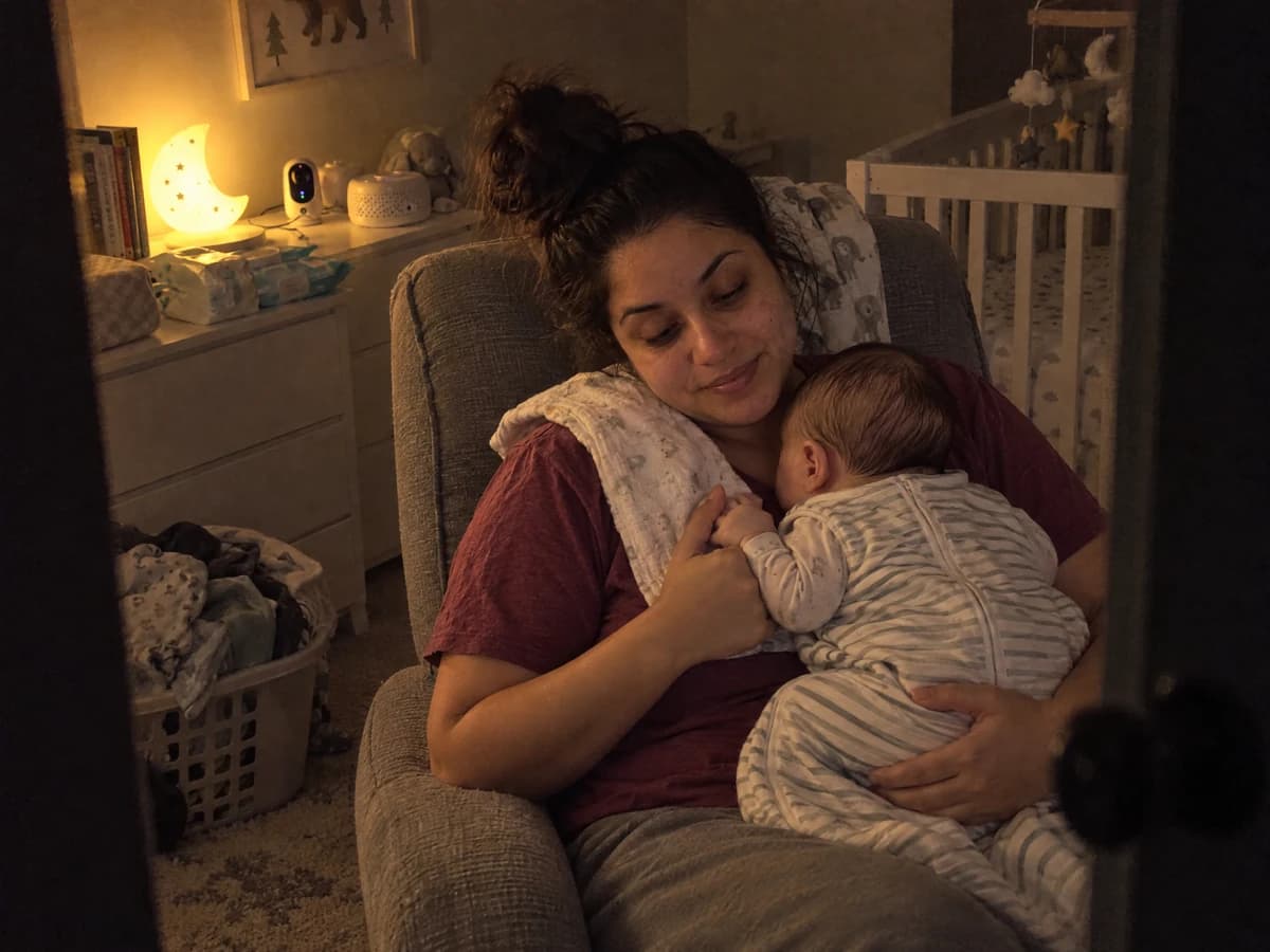A mom rocking her sleeping baby in a glider at night by the glow of a moon-shaped night light, the baby holding her thumb