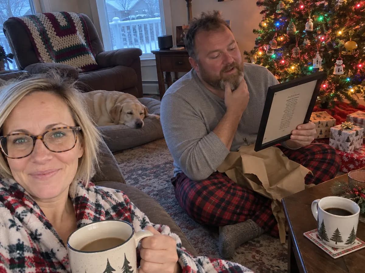 A wife smiling over her coffee on Christmas morning while her bearded husband sits by the tree in plaid pajama pants, reading a framed lyric print he just unwrapped