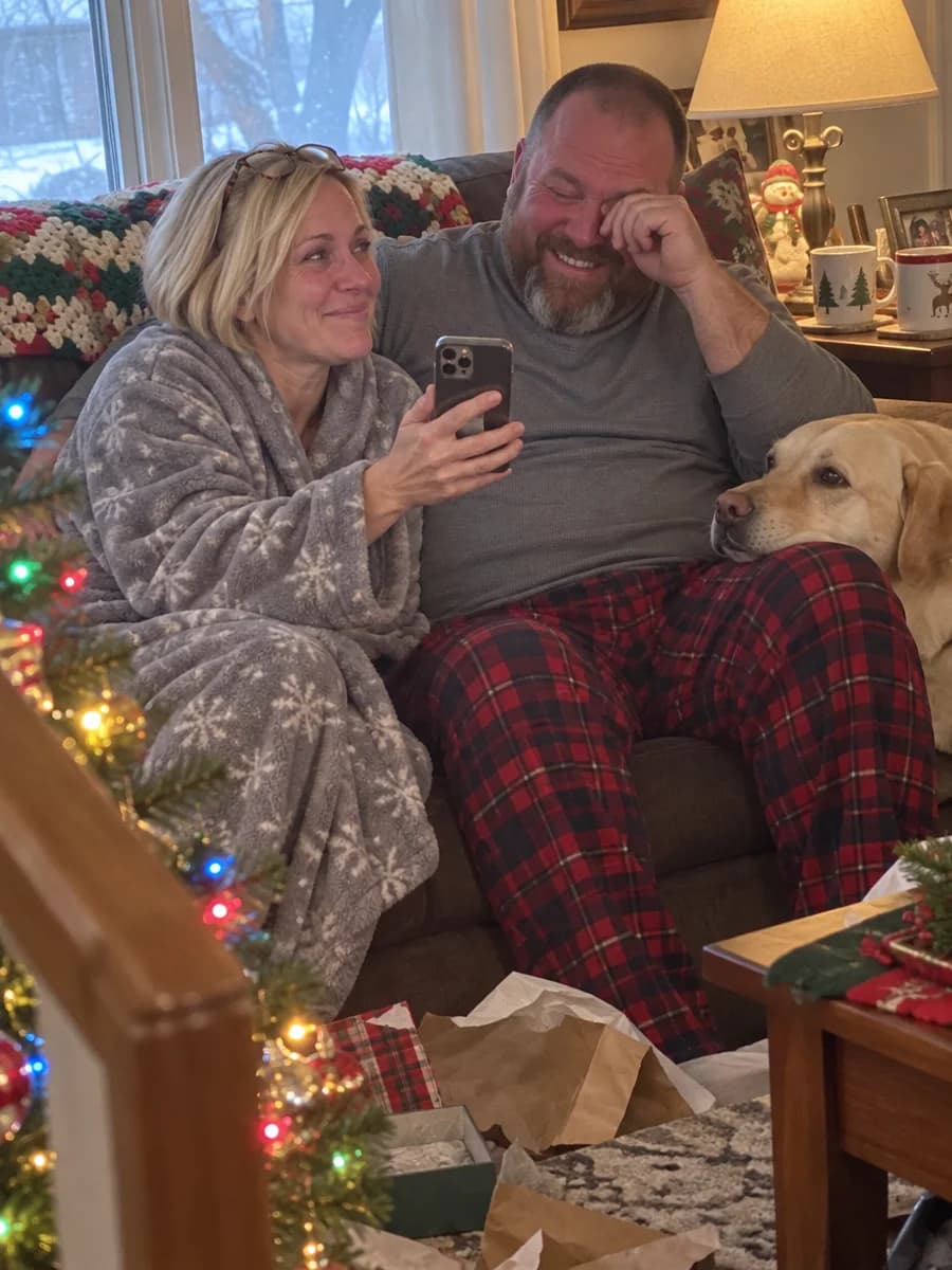 A husband on the couch on Christmas morning wiping happy tears and laughing as his wife plays him a song on her phone, their old dog resting its head on his knee