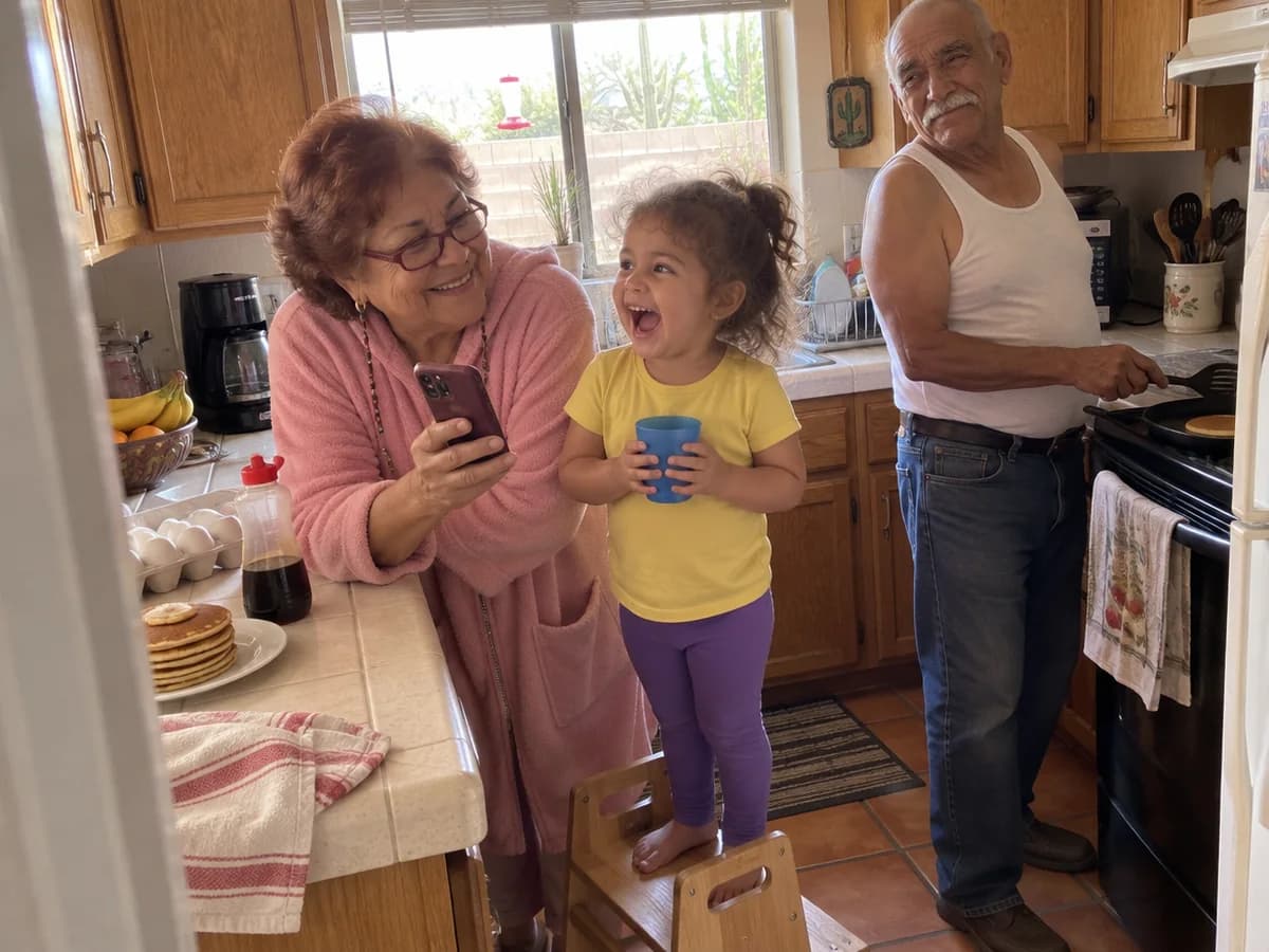 A grandma holding up her phone as her 4-year-old granddaughter, on a step stool with her blue cup, hears her name sung at a sleepover breakfast