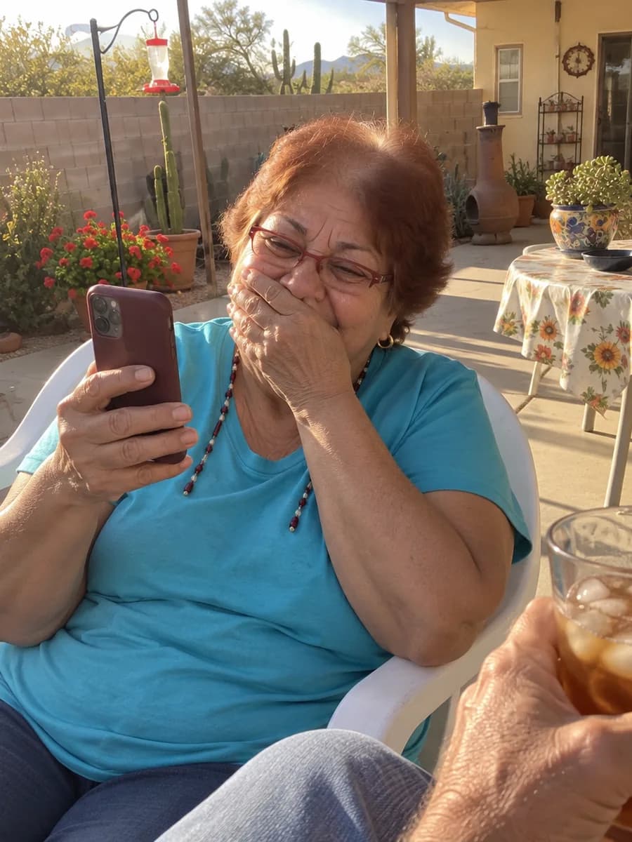 A grandmother on her patio covering her mouth with happy tears as she listens on her phone to the song for her granddaughter