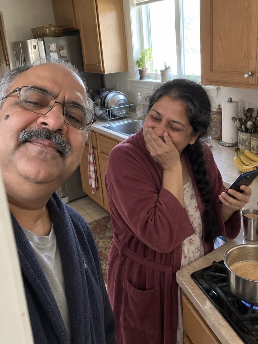 A woman in a robe at the kitchen counter on her anniversary morning, covering her mouth with happy tears over her phone as her husband smiles from the doorway