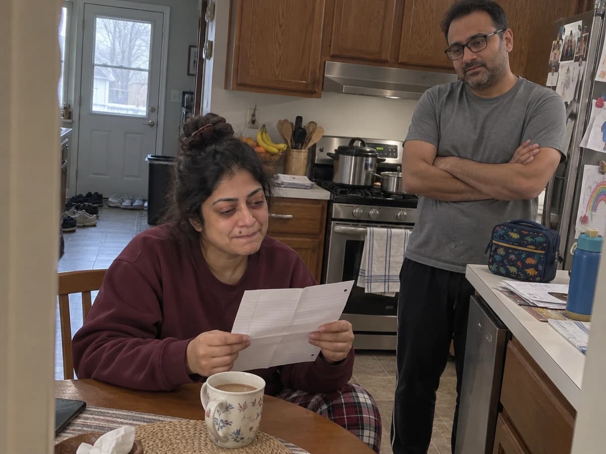 A woman at her kitchen table reading a handwritten note on lined paper, her husband standing by the counter watching her