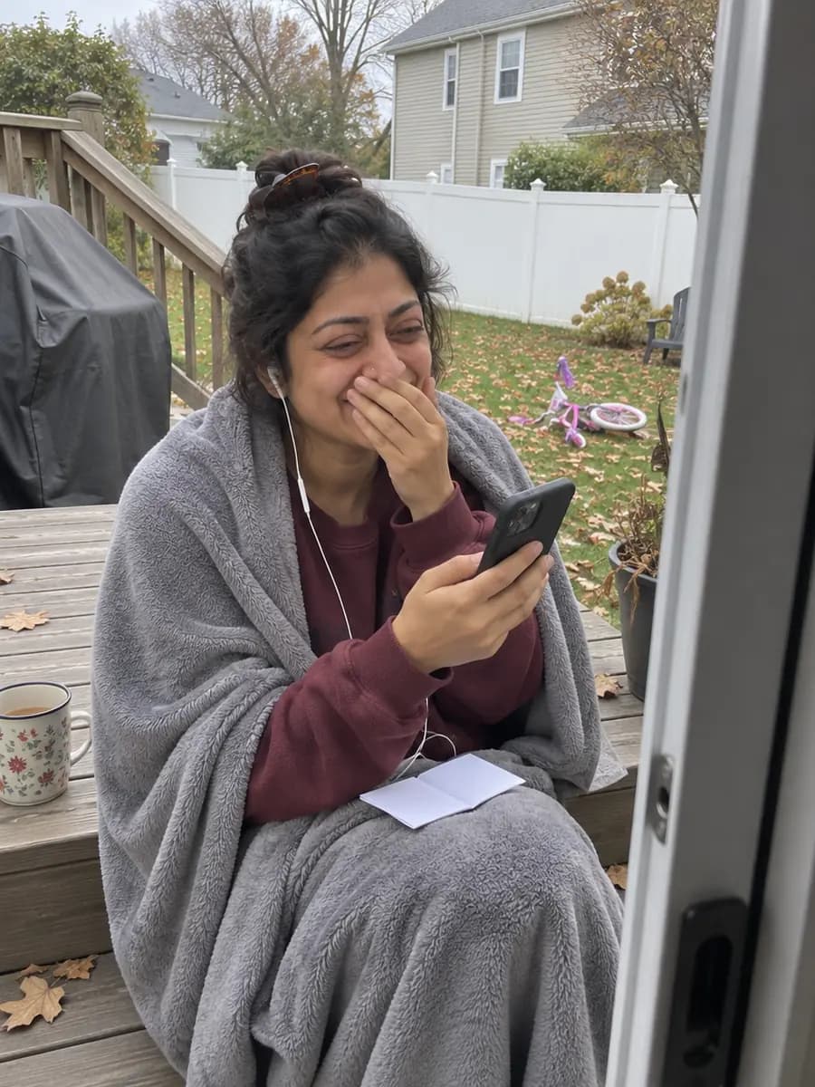 A woman alone on the back deck steps with one earbud in and a folded note in her lap, covering her mouth with happy tears as she listens to a song