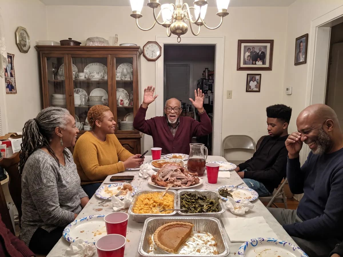 A grandfather at the head of the Thanksgiving table mid-story, hands up and laughing, while his granddaughter beside him quietly types notes into her phone