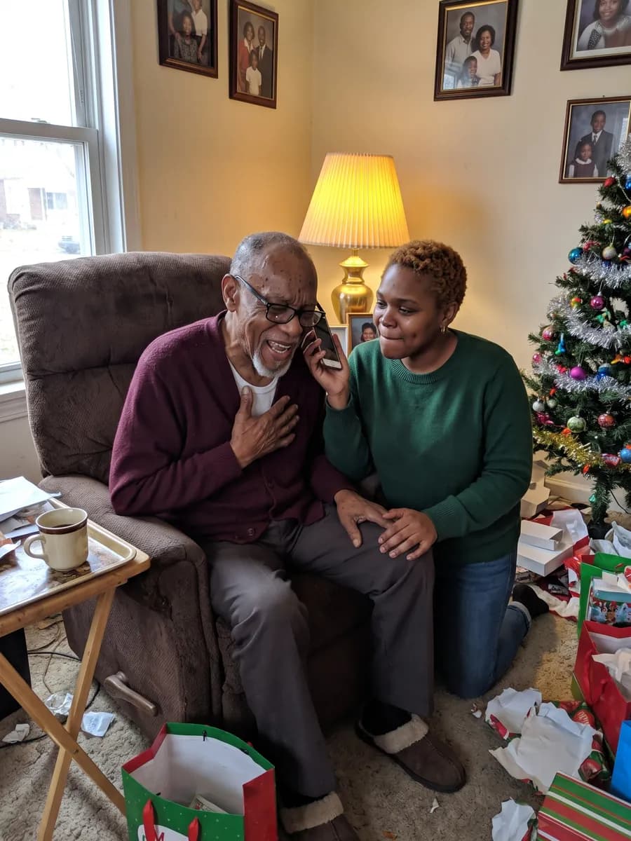 A grandfather in his recliner laughing with happy tears on Christmas morning as his granddaughter, kneeling beside him, plays him a song on her phone