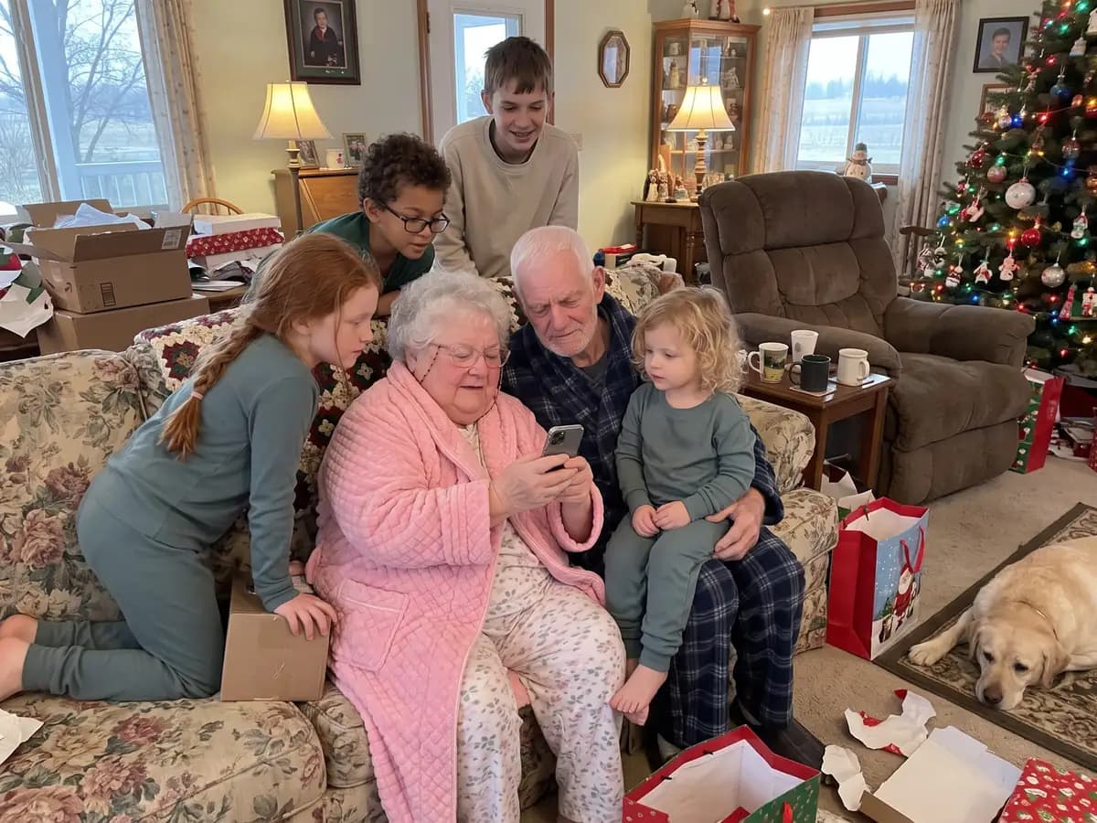 Grandparents in robes on their couch on Christmas morning looking at a photo album on her phone while four grandkids crowd around and point