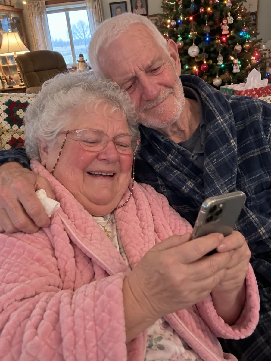 A grandmother in tears and smiling as she listens to her photo album's song on her phone, her husband's arm around her on Christmas morning
