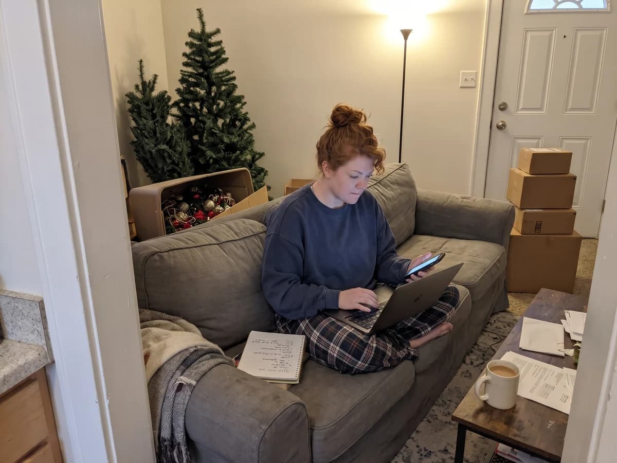 A woman on her couch on a weeknight ordering a gift on her laptop, a crossed-out gift list beside her and plain shipping boxes stacked by the door