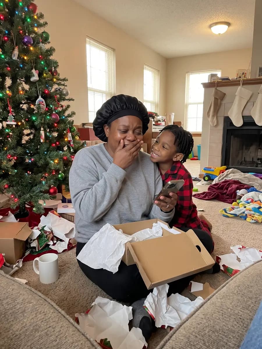 A mom by the Christmas tree covering her mouth, laughing and teary, as a song plays from the phone she found in an open box, her son leaning on her shoulder