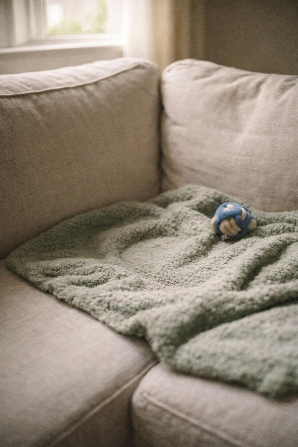 A soft blanket and a well-loved toy left on the couch where a pet used to rest.