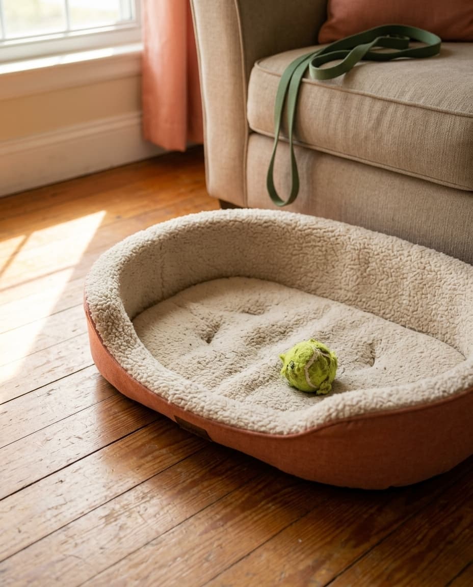 An empty pet bed with a tennis ball in a quiet patch of sunlight.